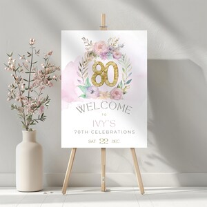 80歳の誕生日サイン ウェルカムパーティー 印刷可能、女性用花柄 80 