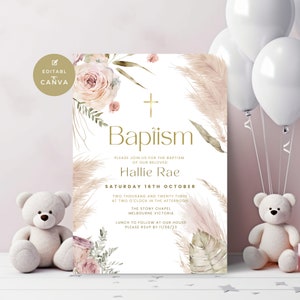 Pampas Grass Baptism Invitation, Pink Christening Invite Girl, Baby Dedication, Printable and Editable, Boho Baptism, Canva Template, PG02