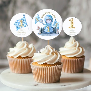 1st Birthday Cupcake Topper, Blue Fast One Racing Car Decor, First Lap Birthday Party Supplies, Printable, Editable & Printable
