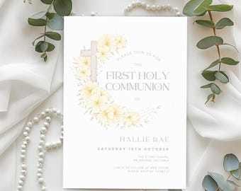First Holy Communion Invitation for Girl with Yellow flowers, 1st Communion invite with Lemon Floral Cross, Digital, Printable, Editable