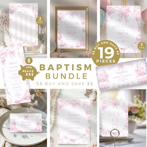 May include: A pink and white floral baptism printable bundle with 19 pieces. The bundle includes a welcome sign, table numbers, a menu, a thank you card, and a favor tag. The text on the welcome sign reads "Welcome to Ivy's Baptism".
