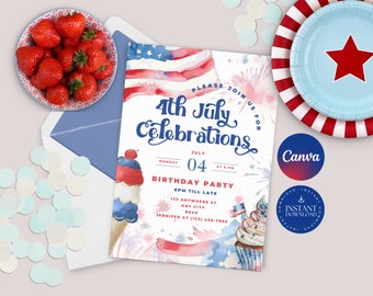 4th July Backyard Party, Birthday Invitation, Fourth of July Celebration Invite, American Flag, Red, White & Blue, Independence Day