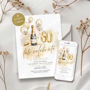 Happy 60th Birthday Invitation, man or women, 60 Years, Glam & Fabulous, Digital Champagne Party Invite, Editable, Printable, Look Whos 60