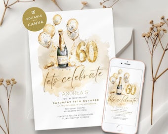 Happy 60th Birthday Invitation, man or women, 60 Years, Glam & Fabulous, Digital Champagne Party Invite, Editable, Printable, Look Whos 60