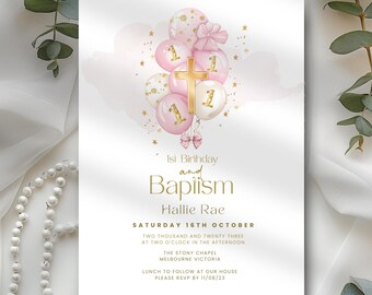 May include: Pink and gold baptism invitation with a watercolor background. The invitation features a gold cross and balloons with the number one on them. The text reads "1st Birthday and Baptism Hallie Rae Saturday 16th October Two Thousand and Twenty Three at Two O'Clock in the Afternoon The Stony Chapel Melbourne Victoria Lunch to Follow at Our House Please RSVP by 11/08/23"