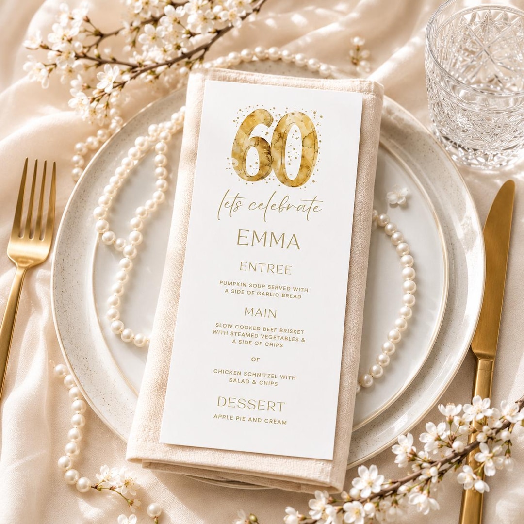 60th Birthday Dinner Menu, Elegant Gold Theme, Editable Template