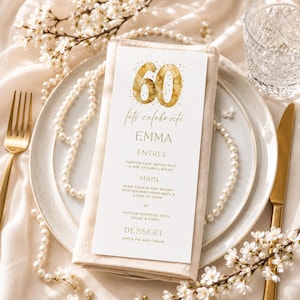 60th Birthday Dinner Menu, Elegant Gold Theme, Editable Template for Men or Women, Perfect for Parties, Customizable & Printable