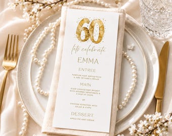 60th Birthday Dinner Menu, Elegant Gold Theme, Editable Template for Men or Women, Perfect for Parties, Customizable & Printable