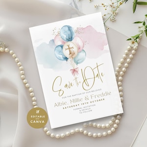 Baptism Save the Date Invitation for Twins, Triplets, & Siblings - Editable Printable Baptism Card, Digital, Electronic, Text, Email, Phone
