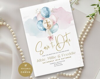 Baptism Save the Date Invitation for Twins, Triplets, & Siblings - Editable Printable Baptism Card, Digital, Electronic, Text, Email, Phone