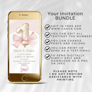 May include: A pink and gold digital invitation for a first birthday party. The invitation features a gold number one balloon with pink polka dots and a pink bow. The text on the invitation reads "Save the Date" and "It's time to celebrate Amelia Rose 1st Birthday! Saturday 16th October Formal Invitation & Details to Follow".