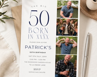 50th Birthday Invitation with Photo, Digital Minimalist Photobooth Invite for Her, Hello Fifty Party Template for him, Editable & Printable