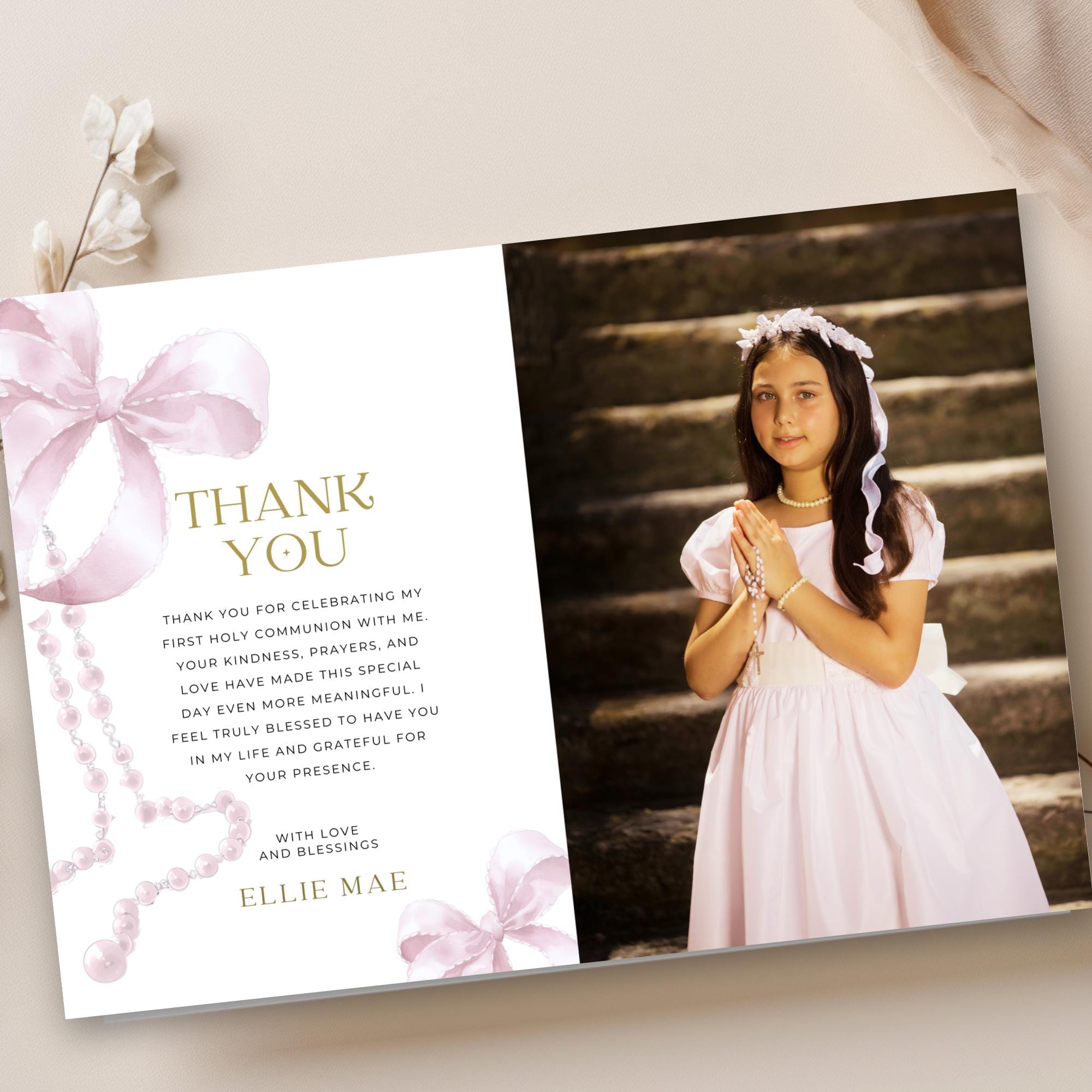 First Holy Communion Thank You Card With Picture, Pink Bow and Rosary ...
