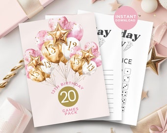 13th Birthday Girl Games, for Tweens and Teens, Thirteenth Party Activites, Pajama or Sleepover Girls Activites, Downloadable PDF Printable