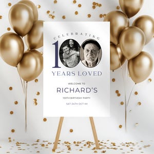 100 Years Loved Sign, 100th Birthday Photo Welcome Sign, Personalized Birthday Party Poster and Decor, Printable & Editable, Men and Women