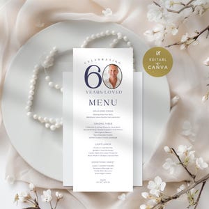 Dinner Party Menu with Photo, Personalized Birthday Menu 60 Years Loved Editable Template, for Celebrations & Special Events, Printable 60th