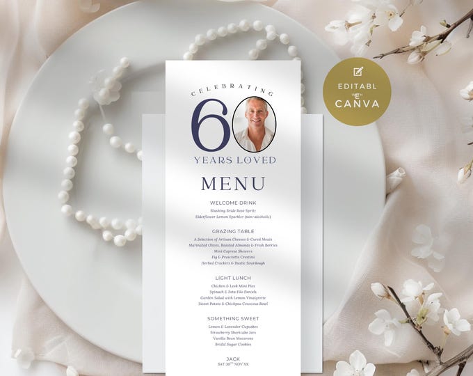 60th Birthday Menu Template Printable, Hand Drawn Dinner Menu for 60th ...