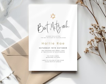Bat Mitzvah Invitation Template, Minimalist Star of David Invite girl, Printable  & Editable, Digital Jewish Evite, Electronic Text or Email