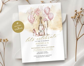 50th Birthday Invitation Wine,  50 Years and Fabulous Womens Heels Party Invite, Fiftieth, Digital, Electronic, Printable & Editable. Text