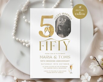 50th Wedding Anniversary Invitation with Photo, Golden Wedding Party, Gold & White Married Fifty Years Champagne Invite, Editable, Digital