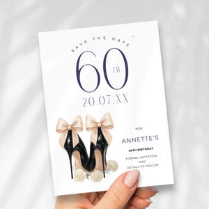 Luxury 60th Birthday Save the Date Invitation, Glam Designer Heels, Digital & Editable, Printable, Unique Party Invite for Womens Milestone