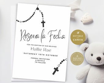 Reserva La Fecha Bautizo, Boy, Girl, Rosary, Save The Date Baptism Card, Baptism Invitations In Spanish, Invitacion De Bautizo, SP08