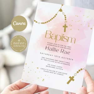 Baptism Invitation for Girl, Blush Pink Watercolor, Rosary, Digital Invite, Text, Email. Printable Christening Invite Canva Template,  BRB13