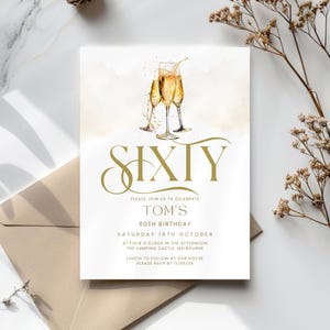 Happy 60th Birthday Invitation, Womens Gold Minimalistic Milestone Party Invite, Champagne Glass, Editable, Printable, Digital Template