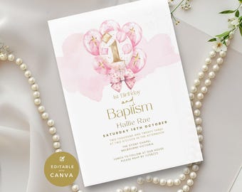 Baptism And 1st Birthday Invitation Girl, First Birthday Invite, Pink Balloon & Gold Cross, Religious Digital Text or Email Evite, Printable