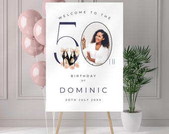 50th Birthday Welcome Sign with Photo, 50 & Fabulous Poster or Yard Sign, Personalised  Custom Party Décor for Women or Men, Editable