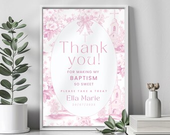Thank you for Coming Please Take one Sign, Pink Baptism Toile Favor Sign, Christening Party Table Sign for Baby Girl, Printable & Editable,