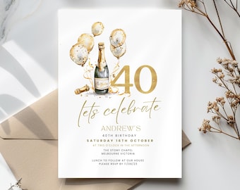 Puede incluir: Invitación dorada para una fiesta de cumpleaños número 40 con una botella de champán y globos. El texto dice "Celebremos el 40 cumpleaños de Andrew, sábado 16 de octubre a las 14:00 horas, The Stony Chapel, Melbourne Victoria, Almuerzo a continuación en nuestra casa, Por favor, confirma tu asistencia antes del 11/08/23."