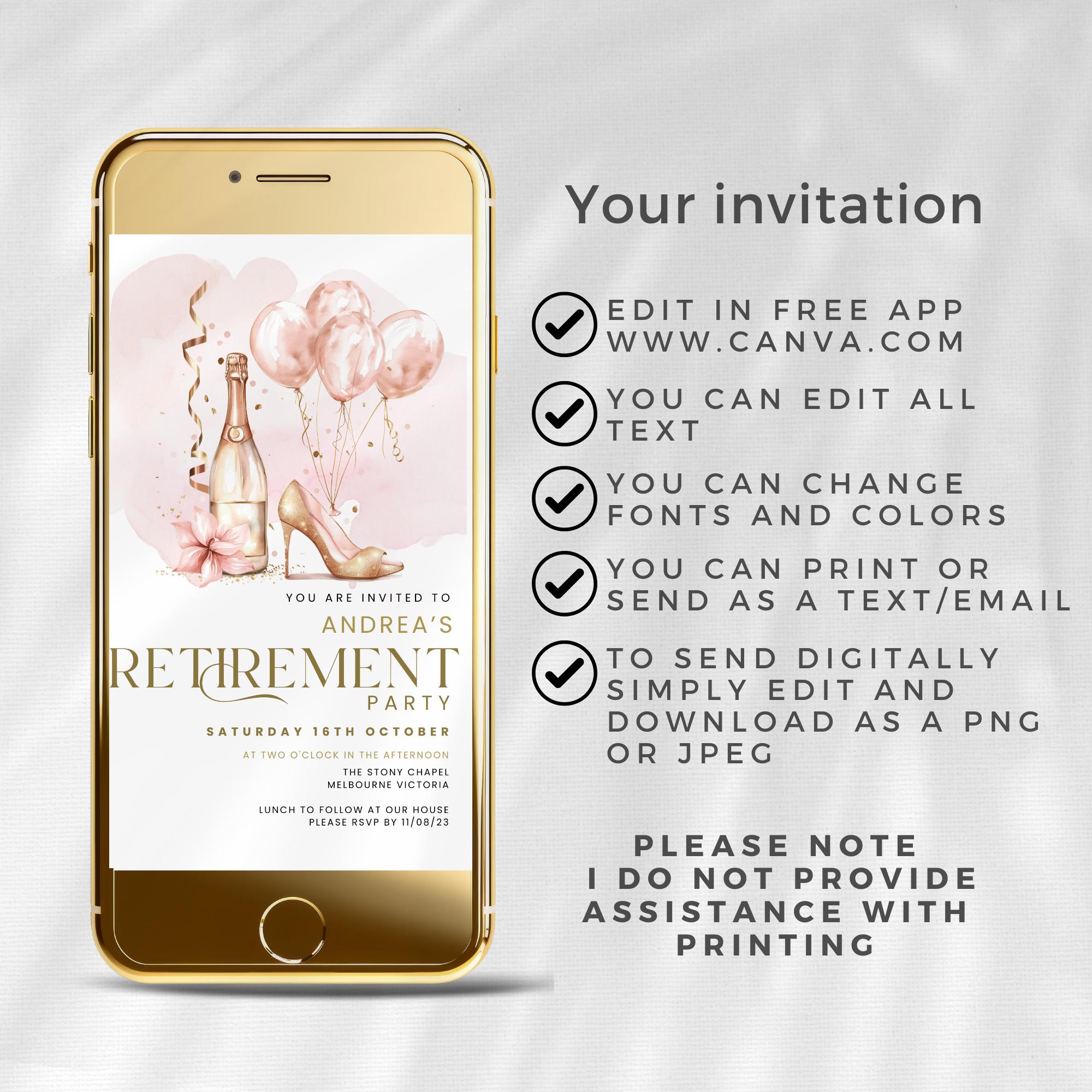 Retirement Party Invitation for Women, Modern Pink & Gold Champagne and ...