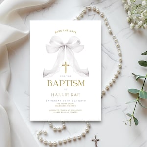 Baptism Invitation for Girl or Boy, Save The Date with Elegant White Bow Design, Christening Invite, Digital, Modern, Printable, Editable