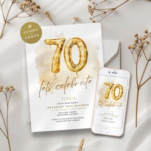 Happy 70th Birthday Invitations Gold, Fabulous & Seventy Party Invite for Women or Men , Seventieth Milestone, Digital, Electronic, Editable