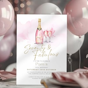 70th Birthday for Women Invitation, Pink Fabulous & Seventy Party Invite, Seventieth Milestone, Digital, Electronic
