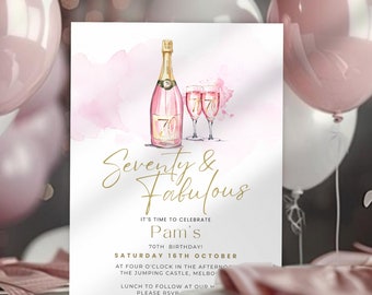 70th Birthday for Women Invitation, Pink Fabulous & Seventy Party Invite, Seventieth Milestone, Digital, Electronic