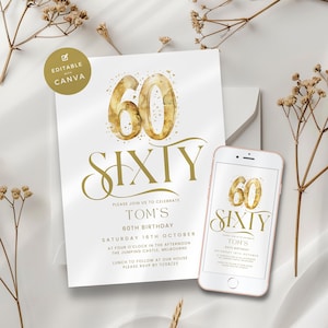 60th Birthday Invitation Gold, Modern, Minimal Sixty Birthday Party Invite, Printable & Digital Birthday Invitation for Him or Her Template