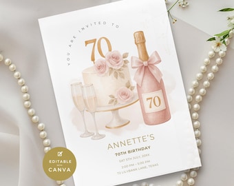 70th Birthday Party Invitation for Women, Floral Champagne Printable Template, Elegant Blush Pink & Gold Invite,  Editable Digital Download