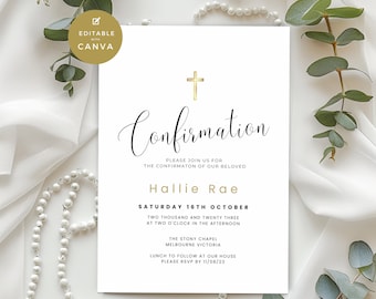 May include: White card with black text announcing a Confirmation for Hallie Rae on Saturday, October 16th, 2023 at 2:00 PM at The Stony Chapel in Melbourne, Victoria. The card features a gold cross at the top and includes RSVP information.