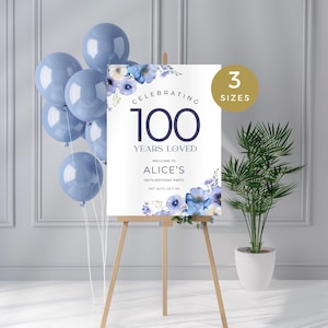 100th Birthday Sign with Flowers, 100 Years Loved Welcome Poster with Purple and Blue Florals, Decor for Woman, Editable and Printable