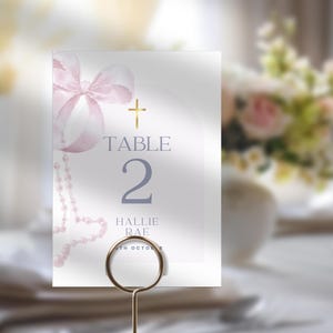 Holy Communion or Baptism Table Number, Pink Bow & Rosary Theme, Printable Table Decoration for Christening or Confirmation, Editable Decor