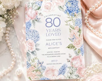 80th Birthday Invitation, Pastel Summer Party Invite Adult, Editable Digital Template, Printable Floral Design for Women, Dusty Pink & Blue