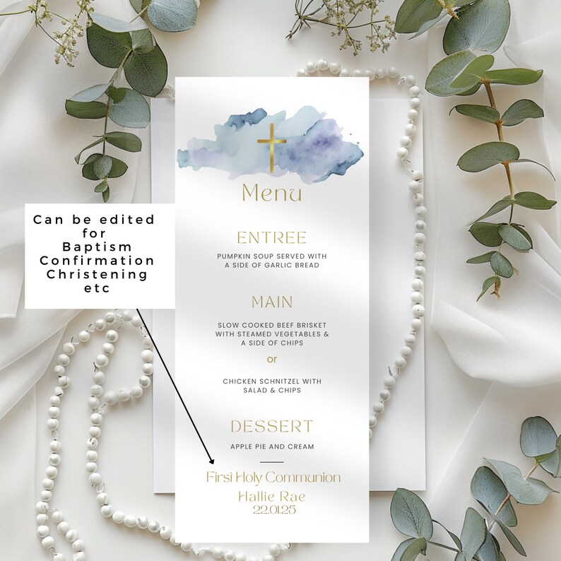 Menu for First Communion, Navy Blue & Gold Baptism or Christening