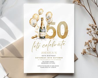 50th Birthday Invitation Template, Gold Champagne 50 Theme Party Invite, Editable Digital Download, Milestone Celebration, Men or Women