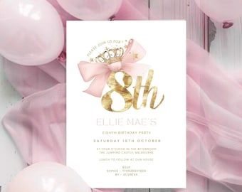 8th Birthday Invitation, Girls Invite with Modern Coquette Pink Bow and tiara, 8 Year Old Party, Editable & Printable, Digital, Phone, Text