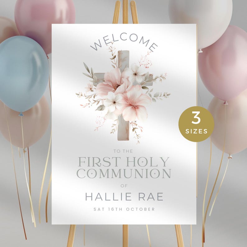 First Holy Communion Welcome Sign, Floral 1st Communion Poster ...