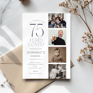 75th Birthday invitation template adult, Modern, Minimal Photobooth Party Invitation, Printable, Editable & Digital with Photo, Man or Women