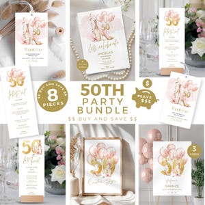 50th Birthday Invitation Bundle,Blush Pink & Gold Party, Editable Template, Welcome and Custom Sign, Favor Tags, Bar and Buffet Menu