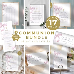 Könnte beinhalten: Ein rosa-goldenes Erstkommunions-Party-Paket mit 17 Teilen. Das Paket beinhaltet ein Willkommens-Schild, eine Speisekarte, einen Sitzplan, eine Tischnummer, einen Geschenkanhänger, eine Schokoladenriegel-Verpackung und ein bedruckbares Schild. Das Design zeigt eine rosa Schleife, eine Rosenkranz und ein Kreuz.